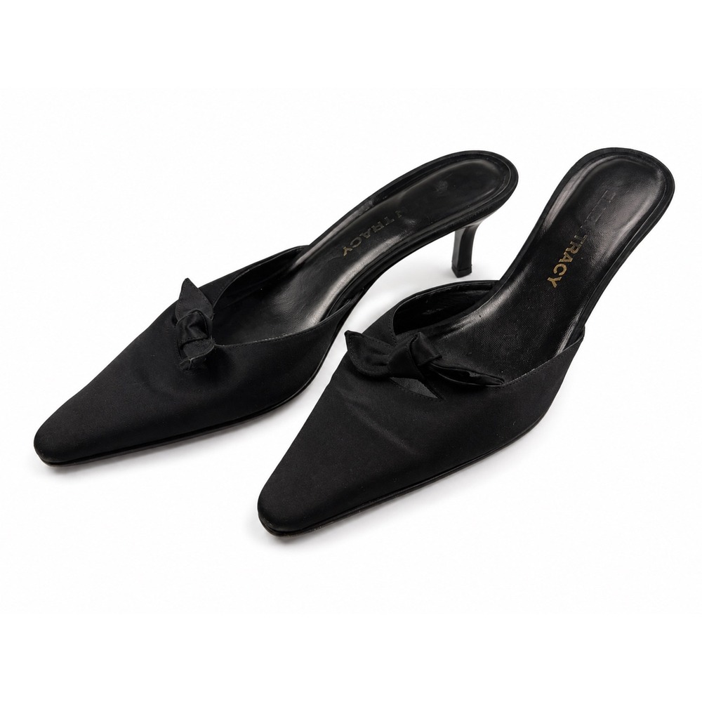Ellen Tracy Vintage Y2K Black Satin Pointed Toe Kitten Heels Women's Size 8